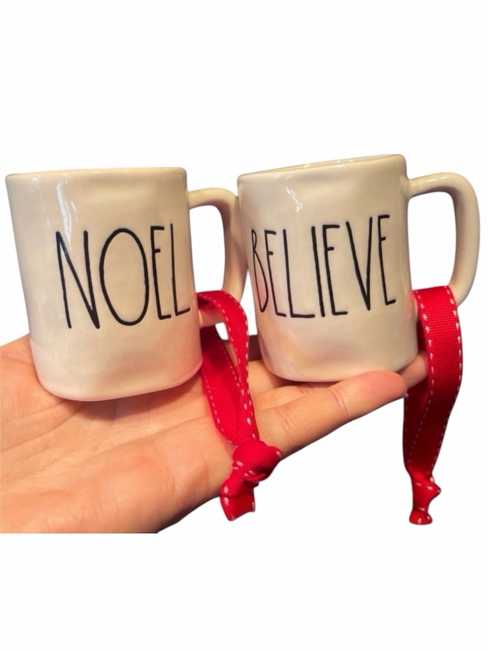 2 Rae Dunn Ornaments Christmas Mug Holiday Ribbons Noel Believe Coffee Cup